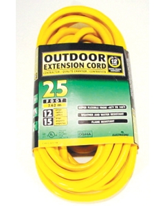 25' Extension Cord, 12/3 SJTW, Yellow